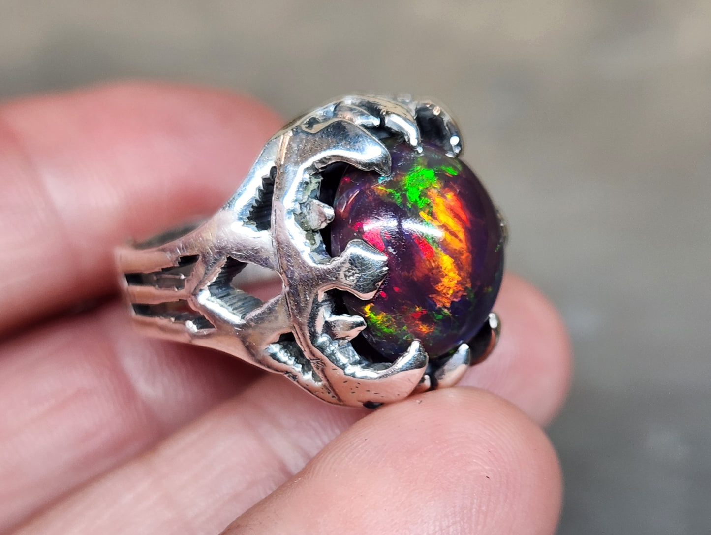 Opal Rustic Sterling Silver & Gold Ring #589
