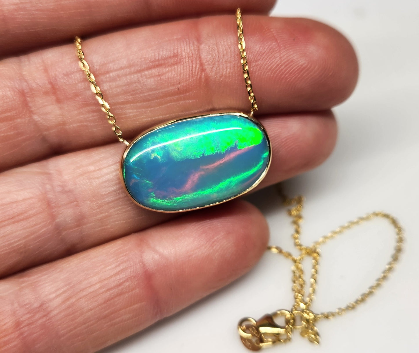 Blue Opal Pendant 14k Yellow Gold Split Chain Necklace #453