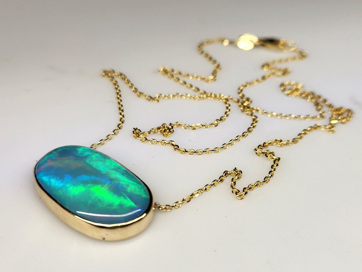 Blue Opal Pendant 14k Yellow Gold Split Chain Necklace #453