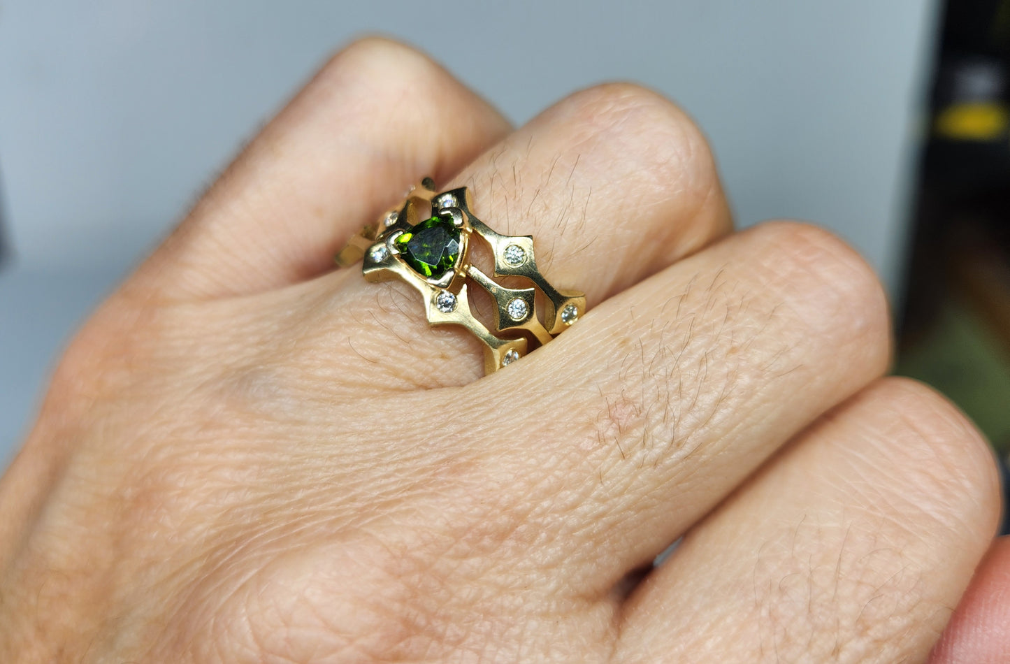 Green Tourmaline Stacking Ring 14k Yellow Gold - Handmade Jewelry #457