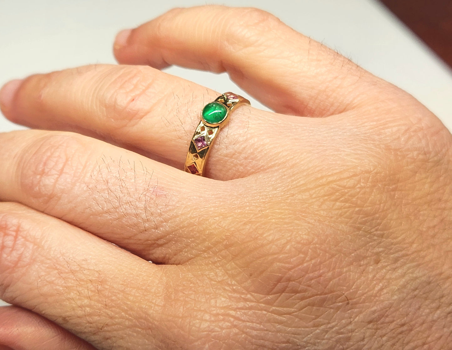 Emerald & Sapphire Ring 18k Yellow Gold Band #452