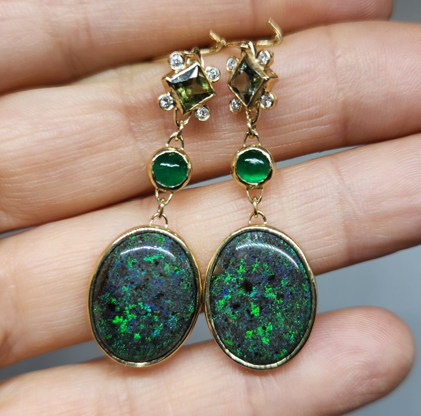 Black Opal & Emerald Earrings 14k Gold #447