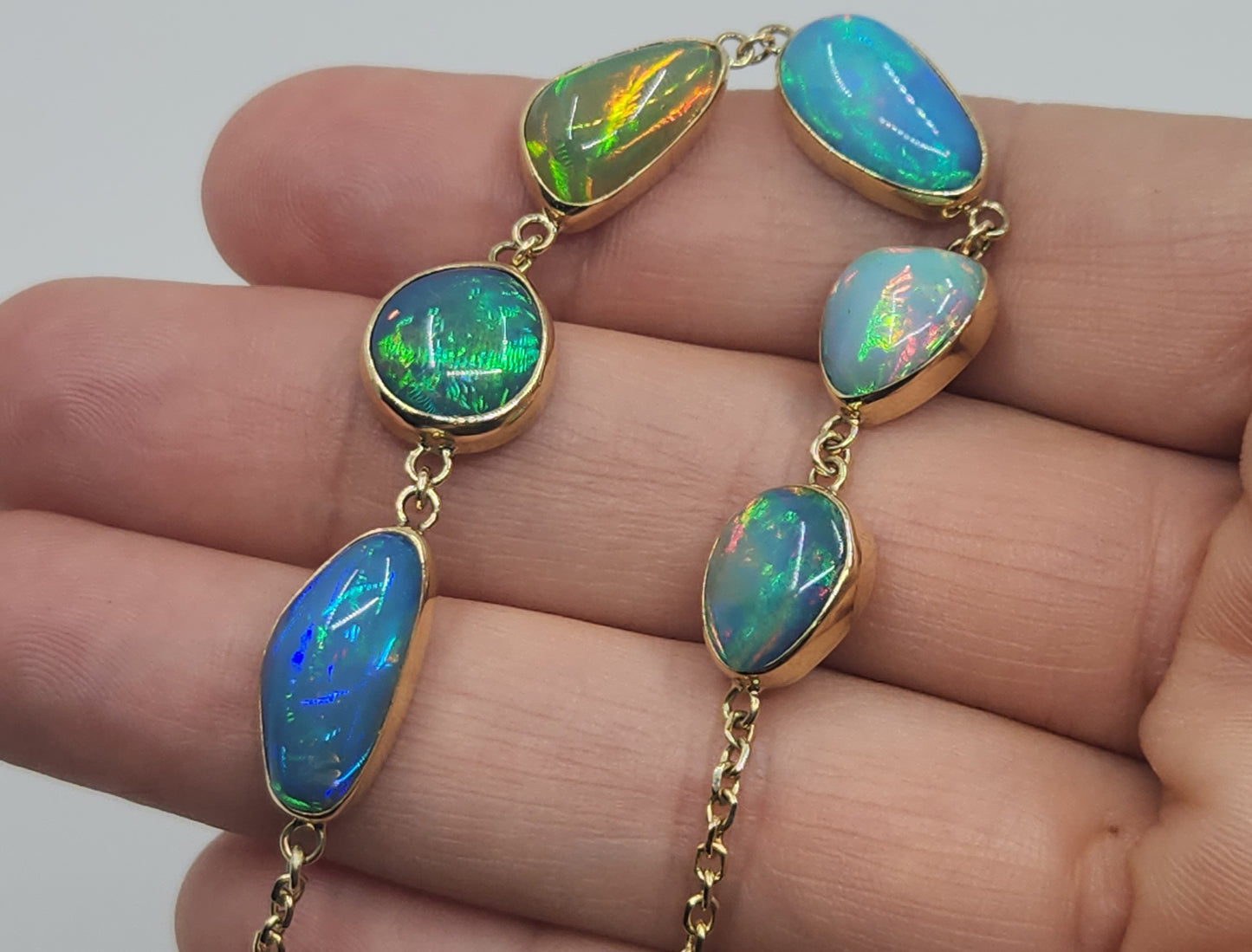 Natural Opals Gemstone Link Bracelet 14k Gold Jewelry #511