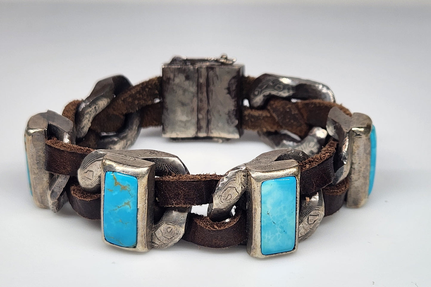 Rustic Silver & Leather Turquoise Gemstone Link Bracelet #459