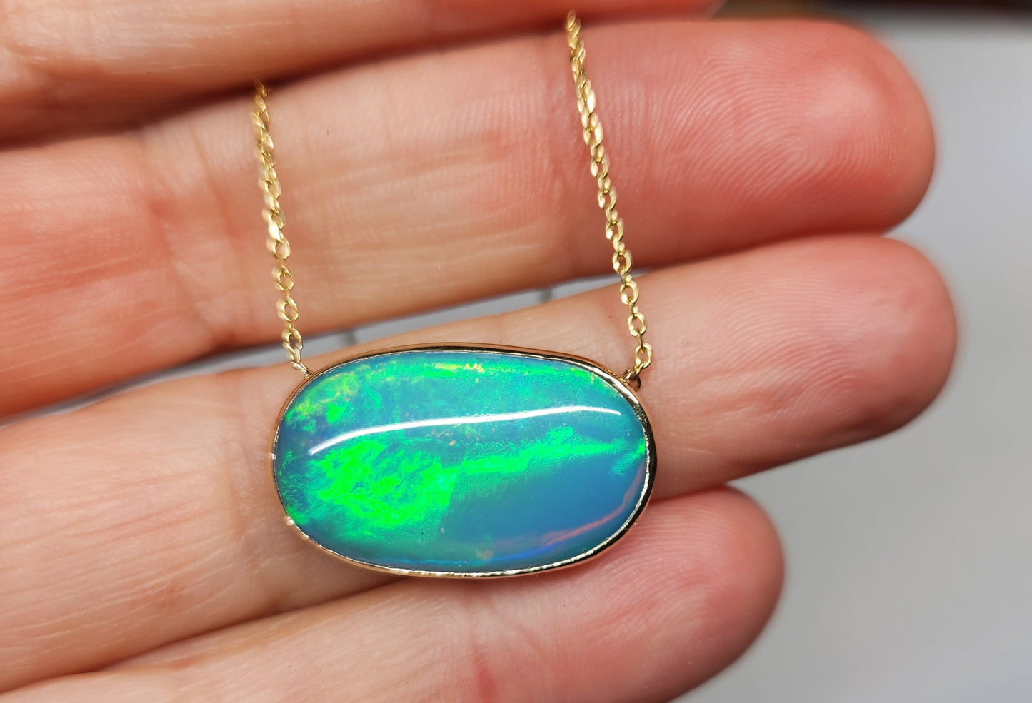 Blue Opal Pendant 14k Yellow Gold Split Chain Necklace #453