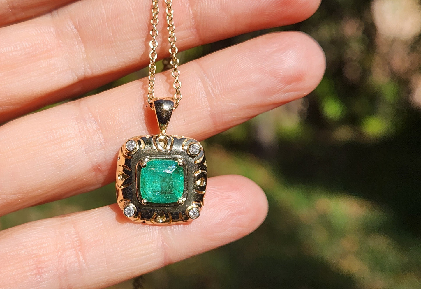 Emerald & Diamond Pendant - 14k Gold #448