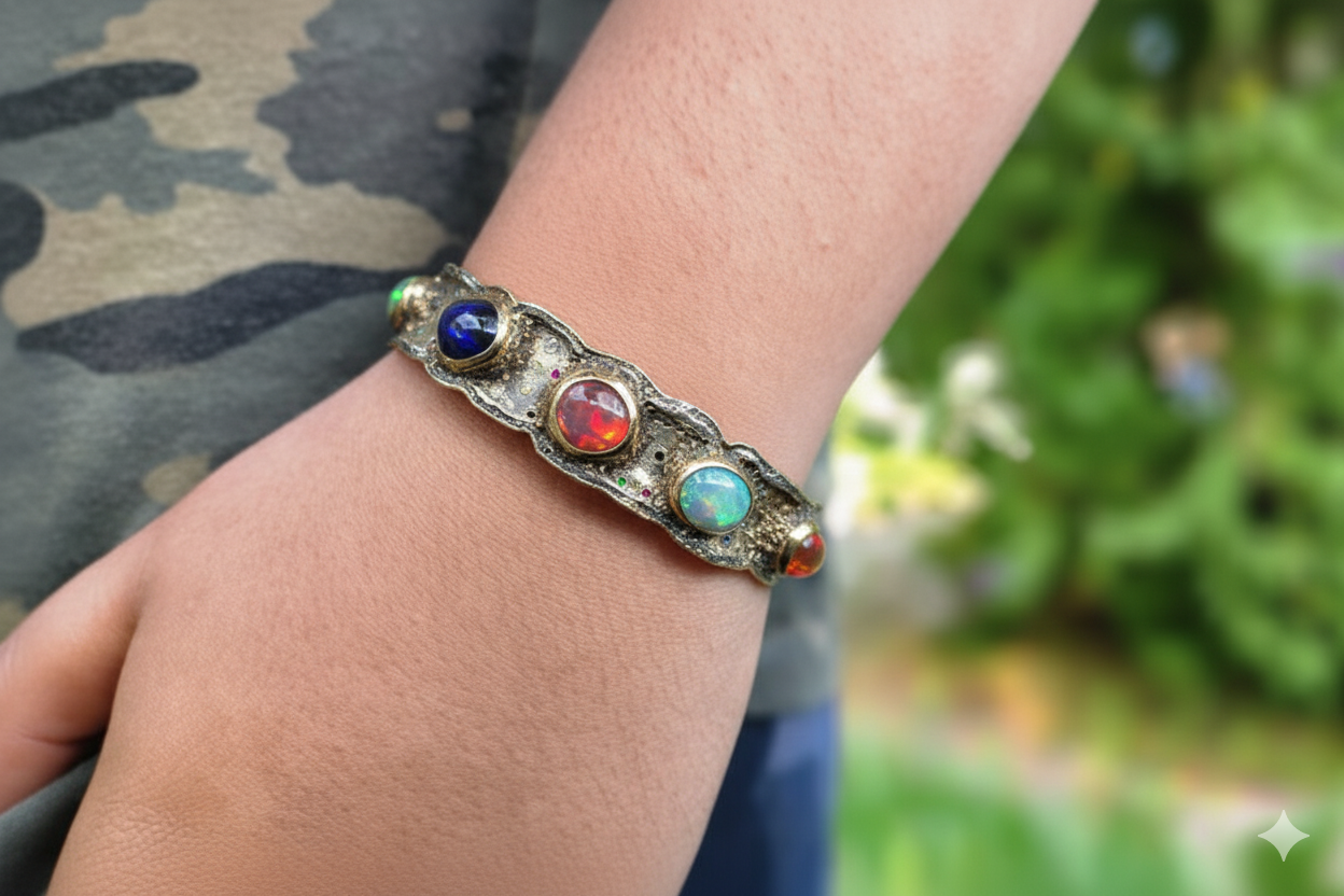 Rustic Silver & Gold Opal Gemstone Cuff Bracelet - Large #613