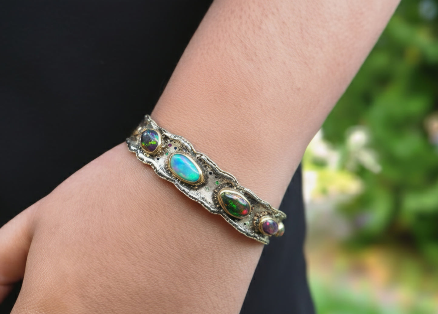 Rustic Silver & Gold Opal Gemstone Cuff Bracelet - Large #614
