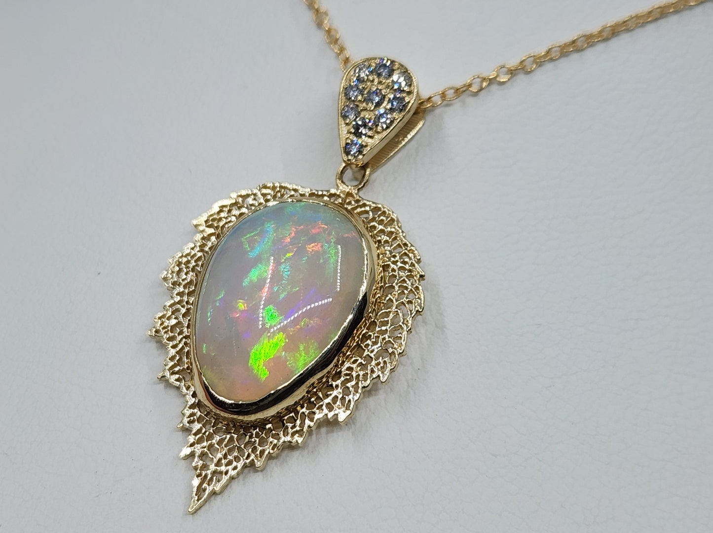 Natural Opal Leaf Pendant 14k Gold Necklace #476