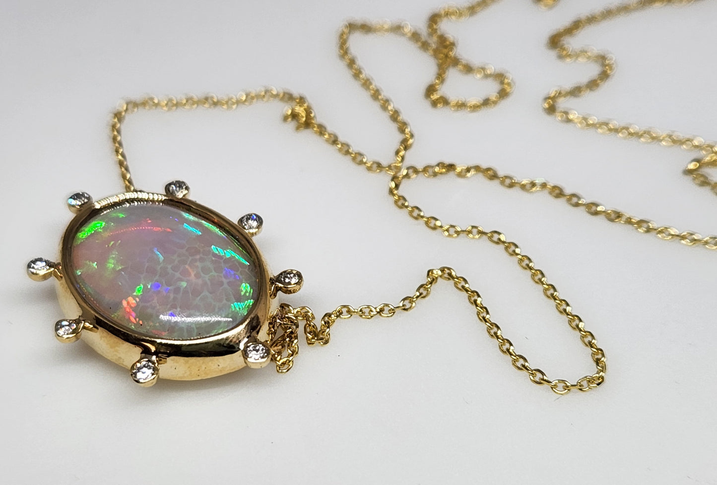Opal & Diamond Pendant 14k Yellow Gold Split Chain Necklace #437