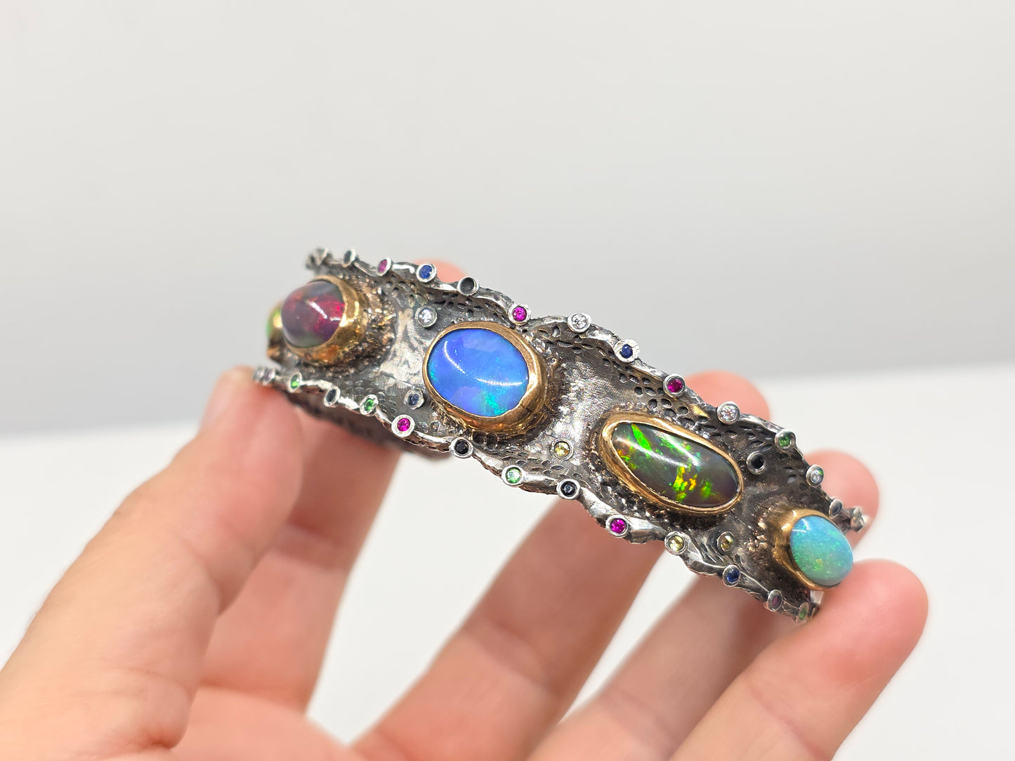 Rustic Silver & Gold Opal Gemstone Cuff Bracelet #601