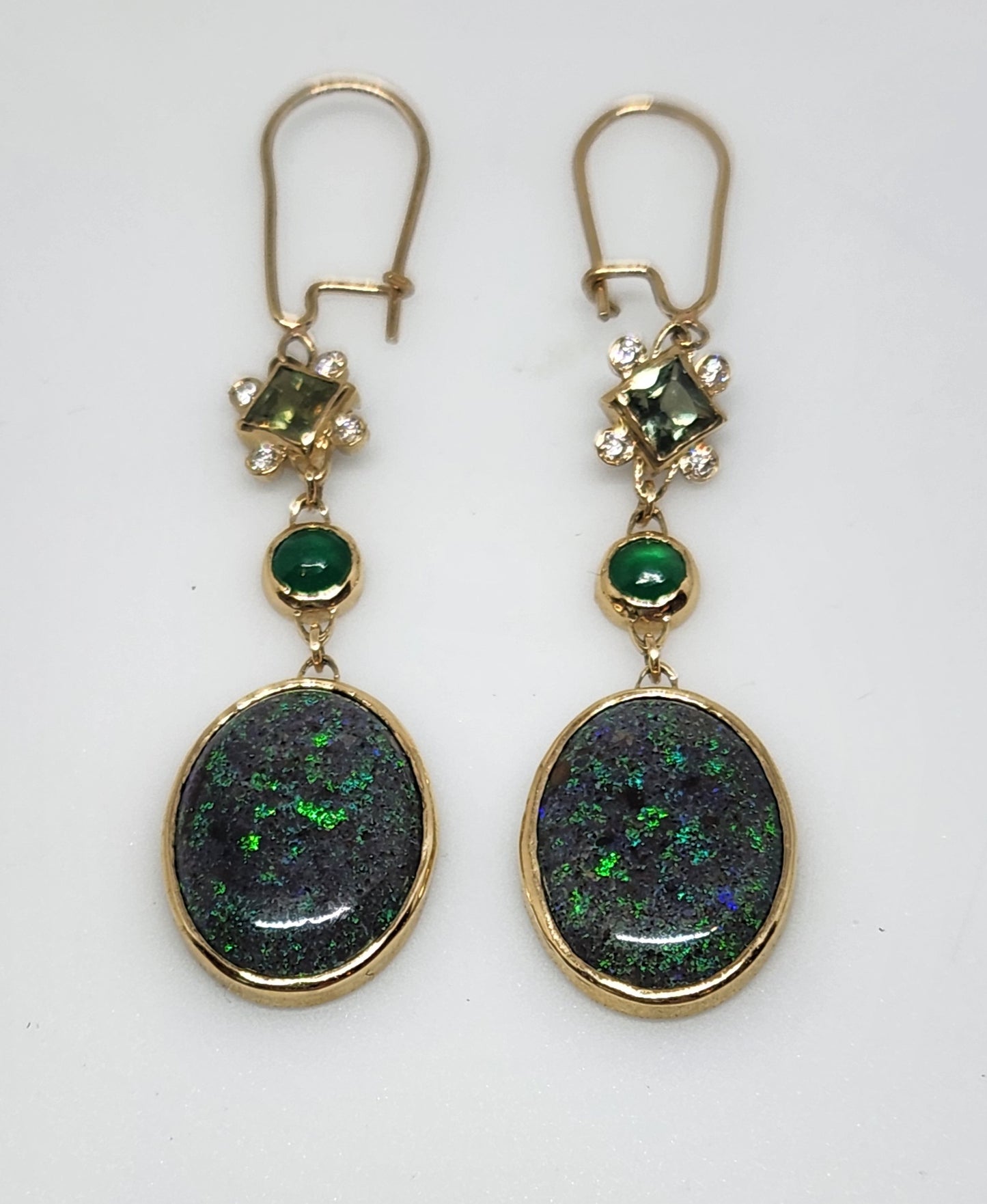 Black Opal & Emerald Earrings 14k Gold #447