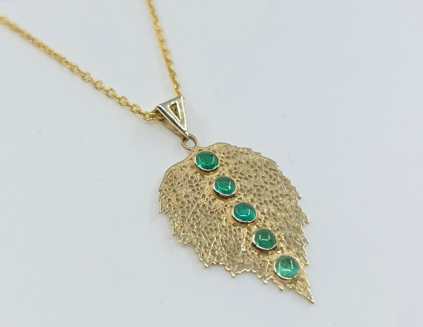 Emerald Leaf Pendant 14k Gold Gemstone Jewelry #636