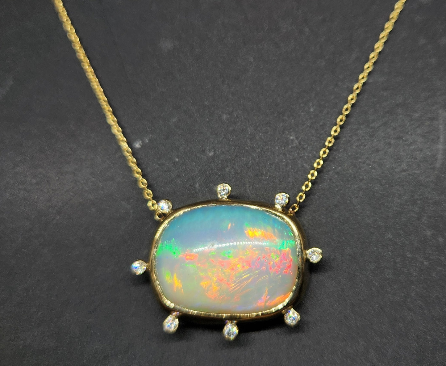 Opal & Diamond Pendant 14k Yellow Gold Split Chain Necklace #438