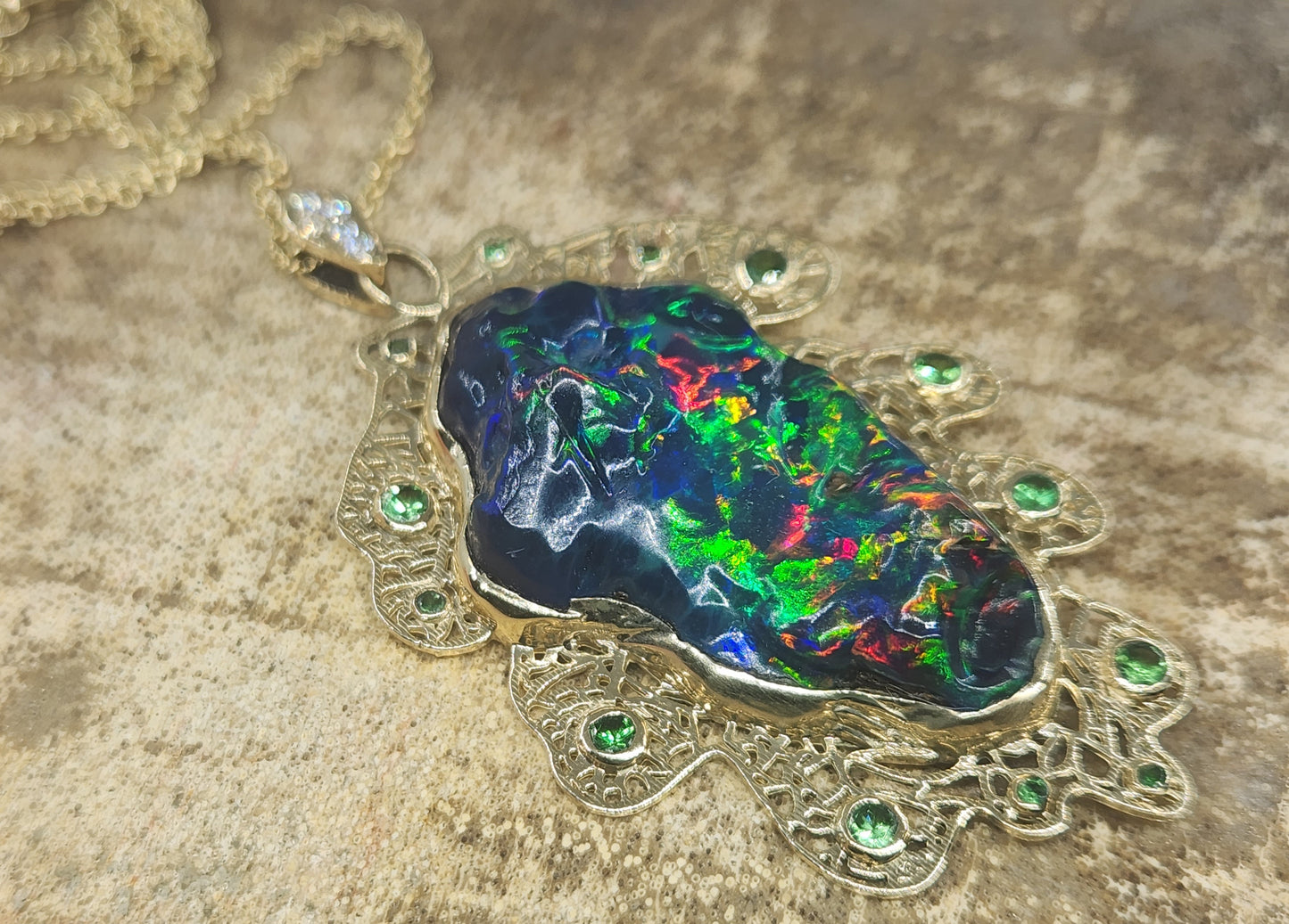Carved Black Opal Oak Leaf Pendant 14k Gold Necklace #524