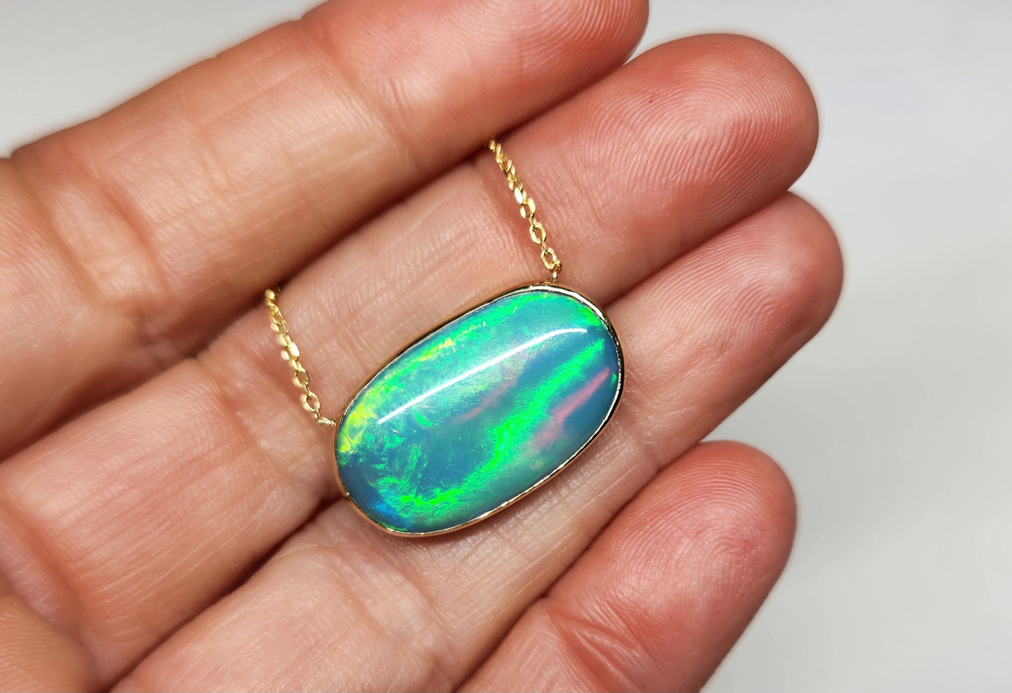 Blue Opal Pendant 14k Yellow Gold Split Chain Necklace #453