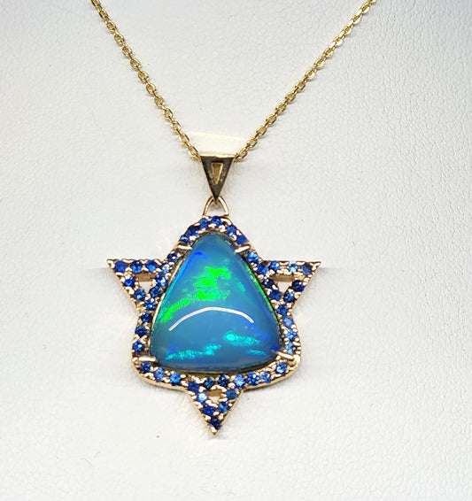 Opal & Sapphire Star of David Pendant 14k Gold #450