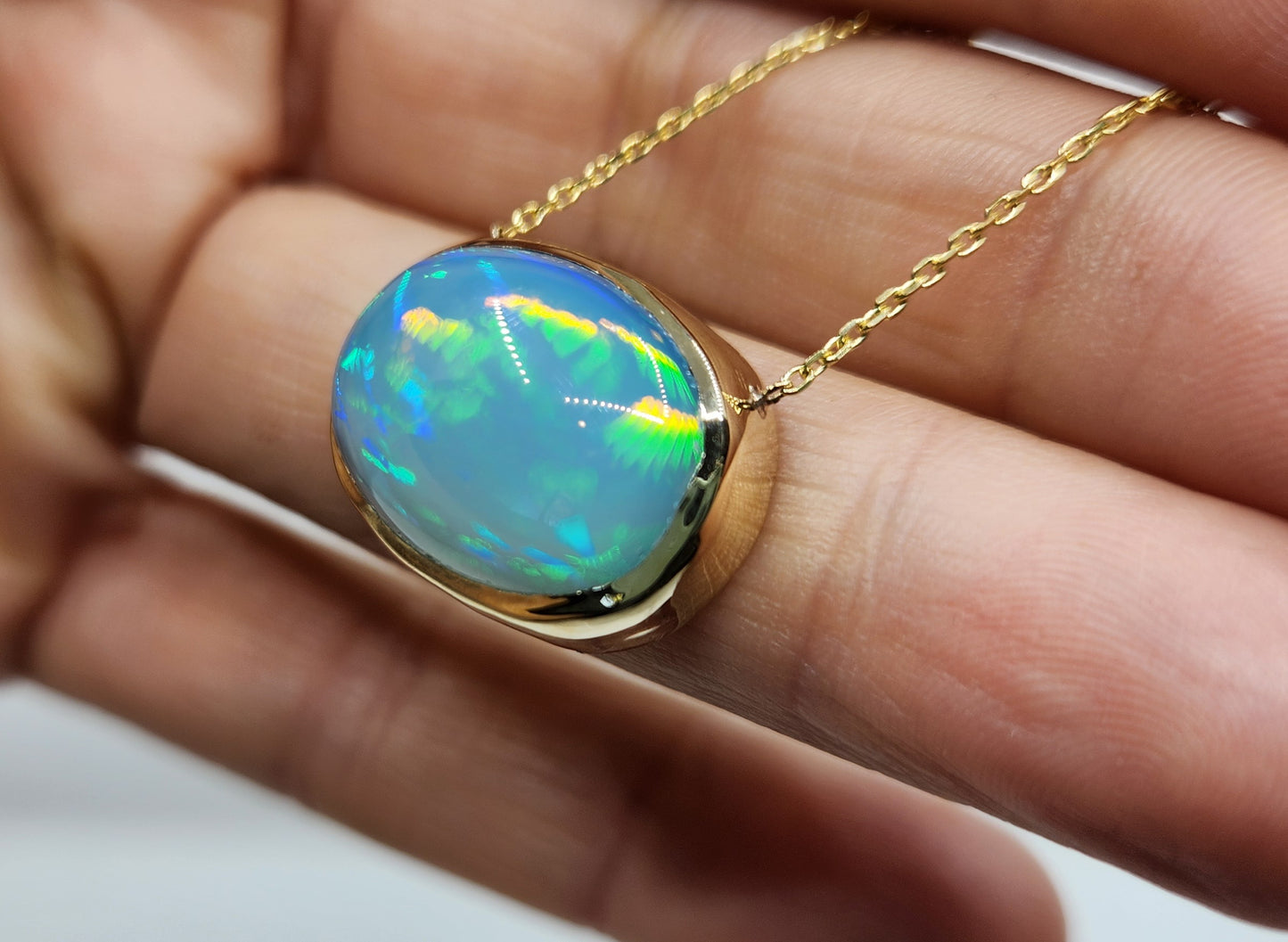 Blue Opal Pendant 14k Yellow Gold Split Chain Necklace #469