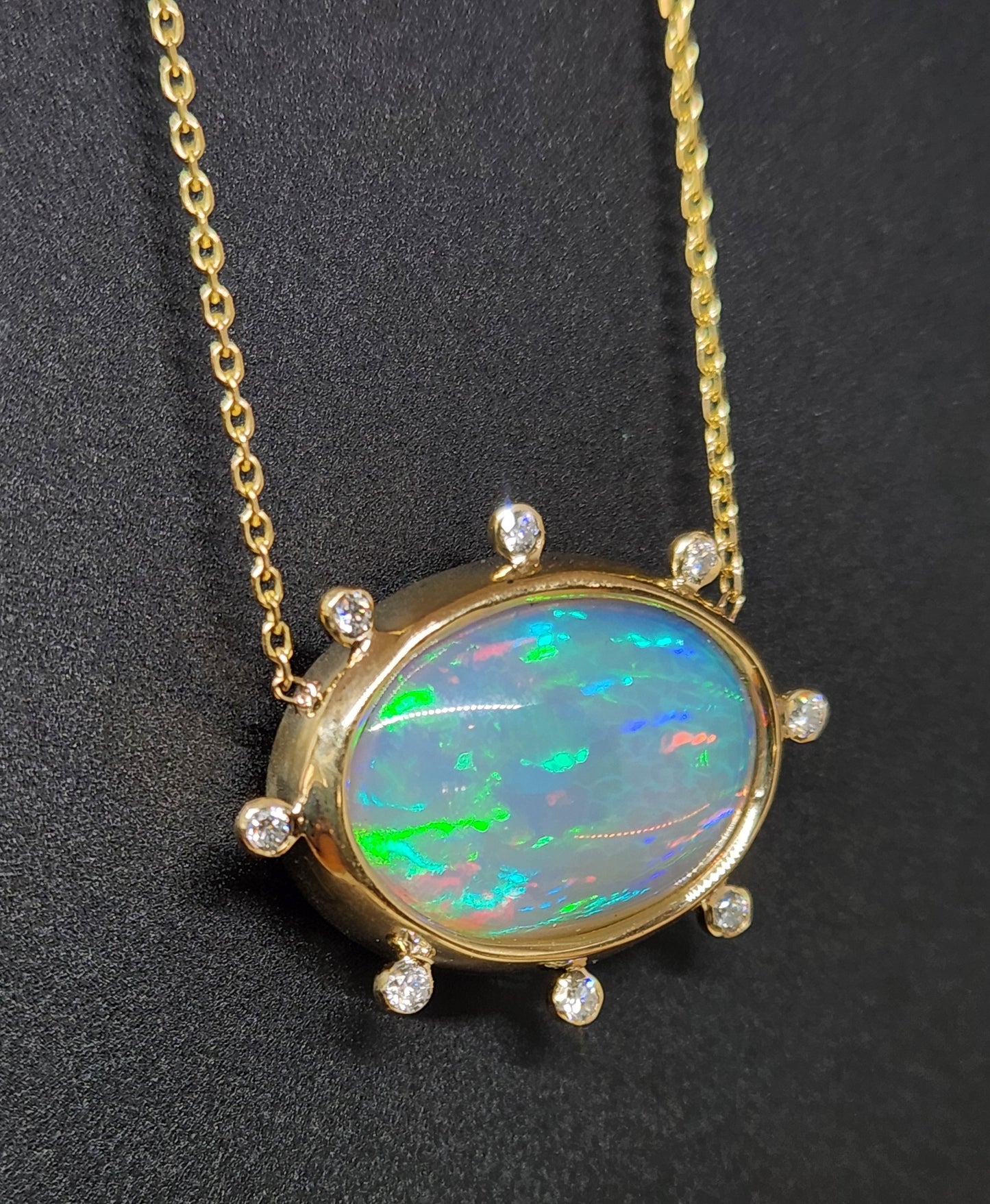 Opal & Diamond Pendant 14k Yellow Gold Split Chain Necklace #437