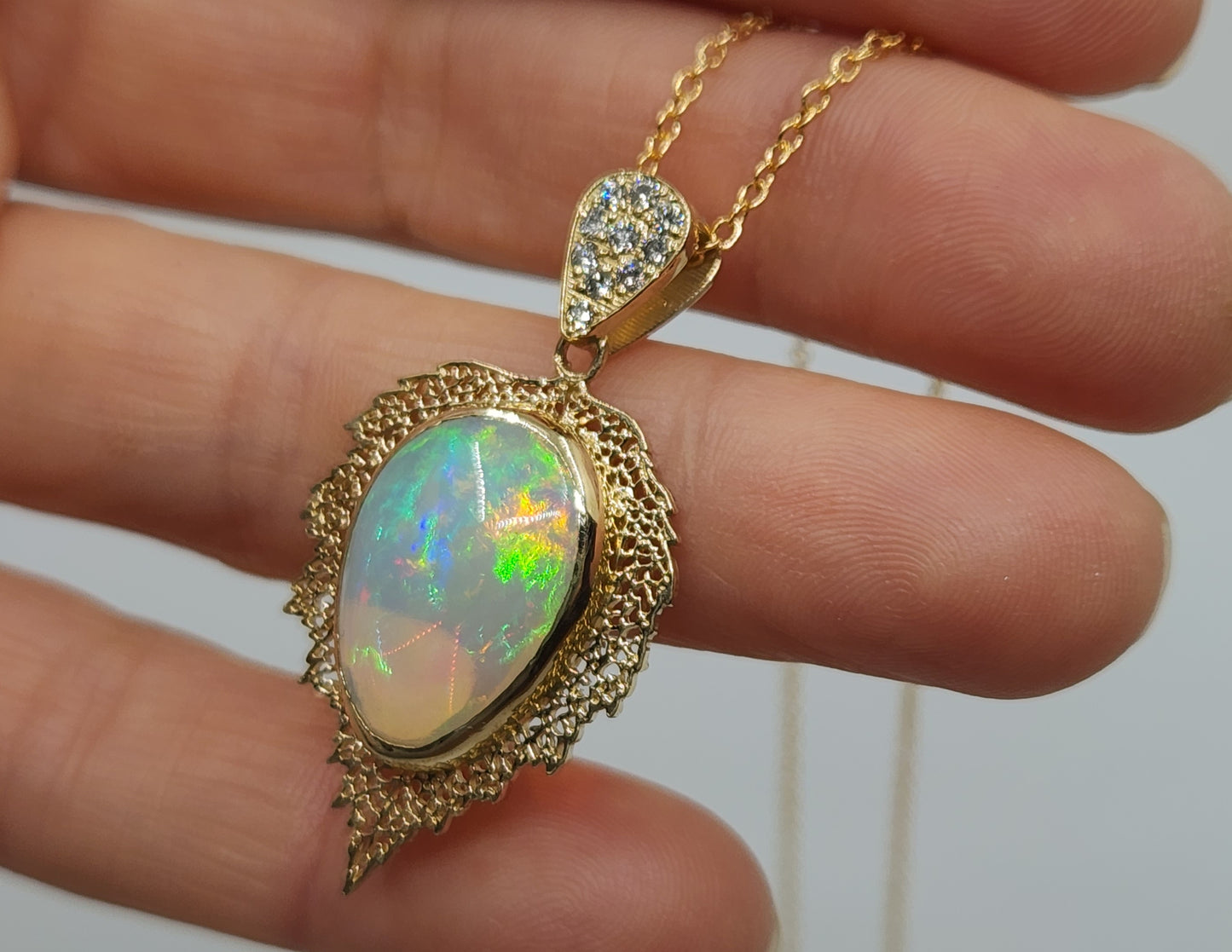 Natural Opal Leaf Pendant 14k Gold Necklace #476