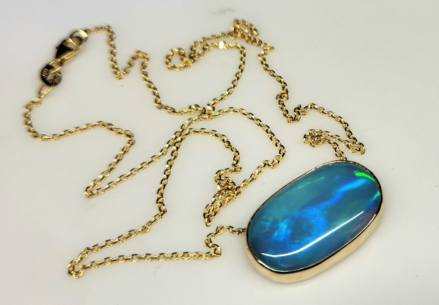Blue Opal Pendant 14k Yellow Gold Split Chain Necklace #453