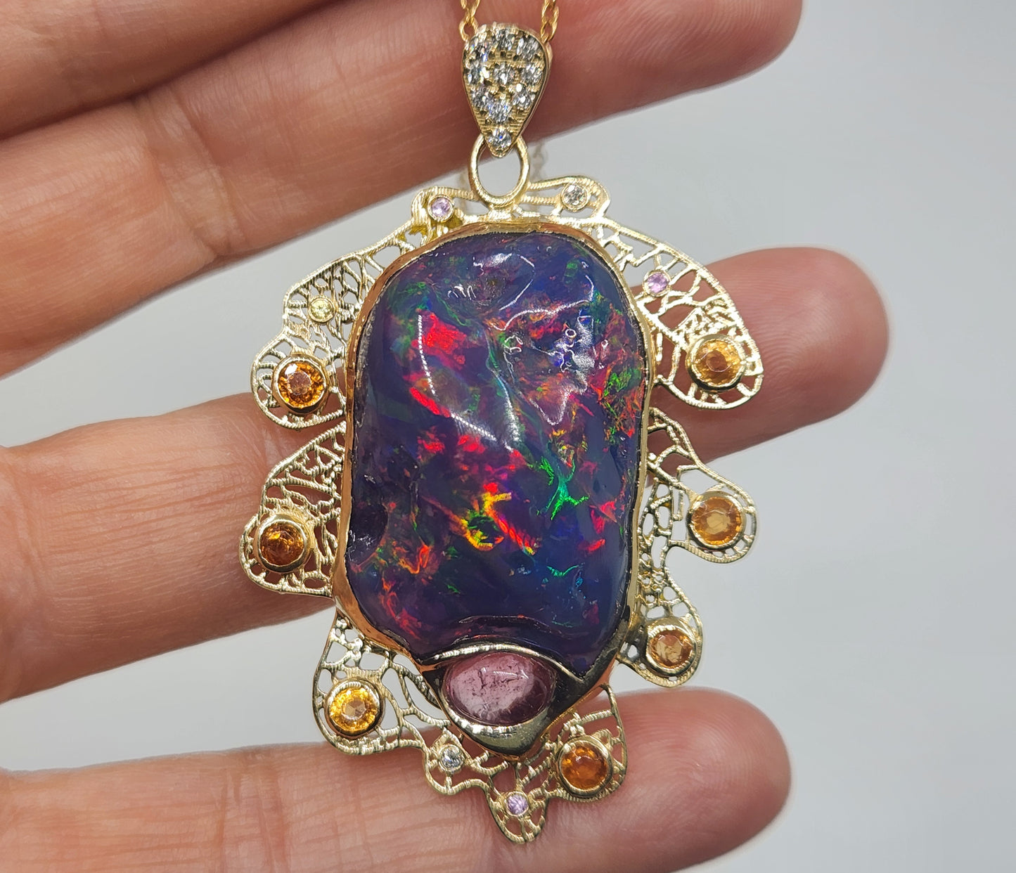Carved Black Opal Oak Leaf Pendant 14k Gold Necklace #525