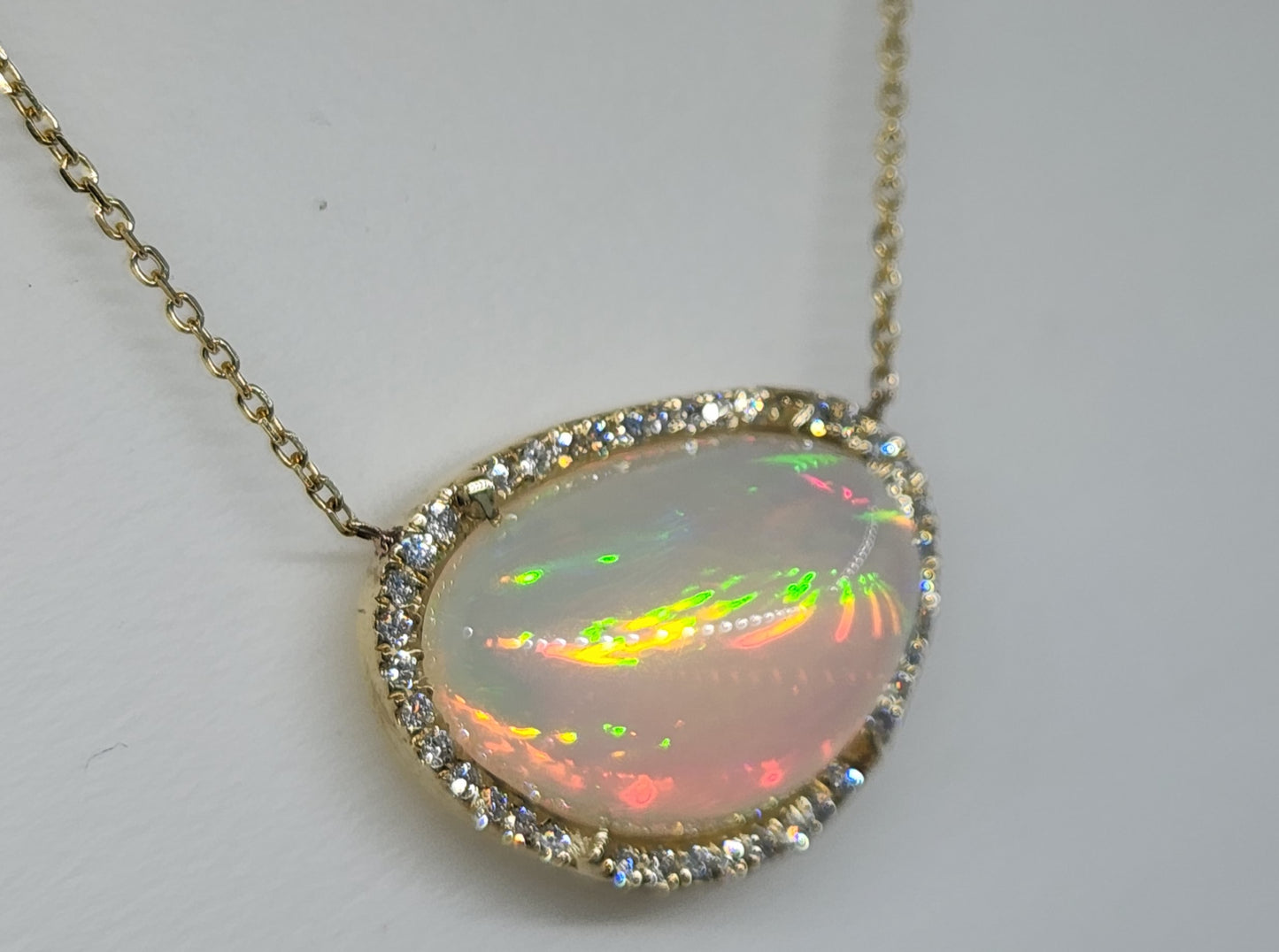 Opal & Diamond Pendant 14k Yellow Gold Split Chain Necklace #475