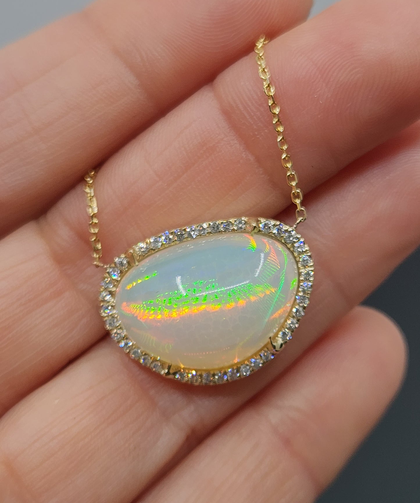 Opal & Diamond Pendant 14k Yellow Gold Split Chain Necklace #475