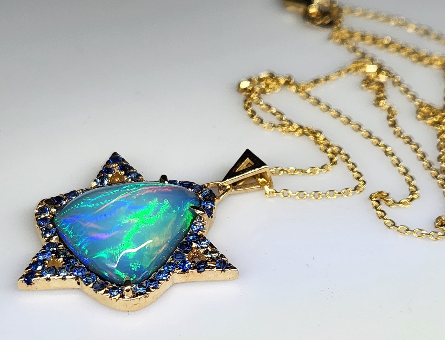 Opal & Sapphire Star of David Pendant 14k Gold #450
