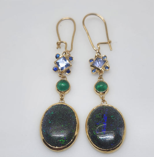 Opal & Emerald Earrings 14k Gold #446