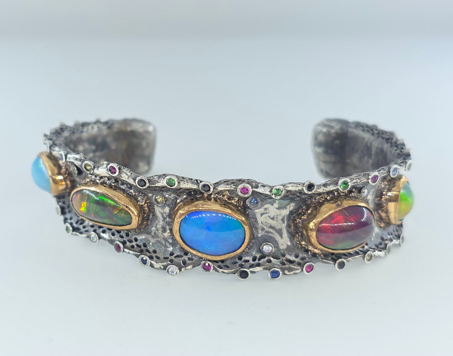 Rustic Silver & Gold Opal Gemstone Cuff Bracelet #601