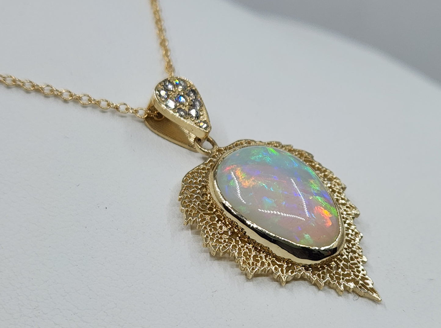 Natural Opal Leaf Pendant 14k Gold Necklace #476