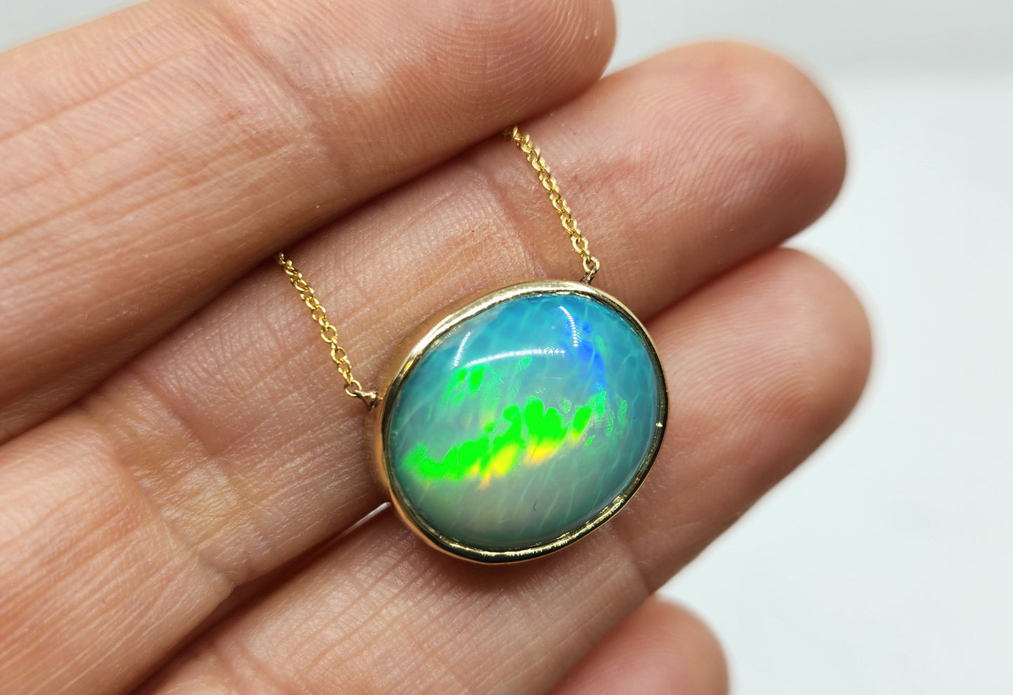 Blue Opal Pendant 14k Yellow Gold Split Chain Necklace #470