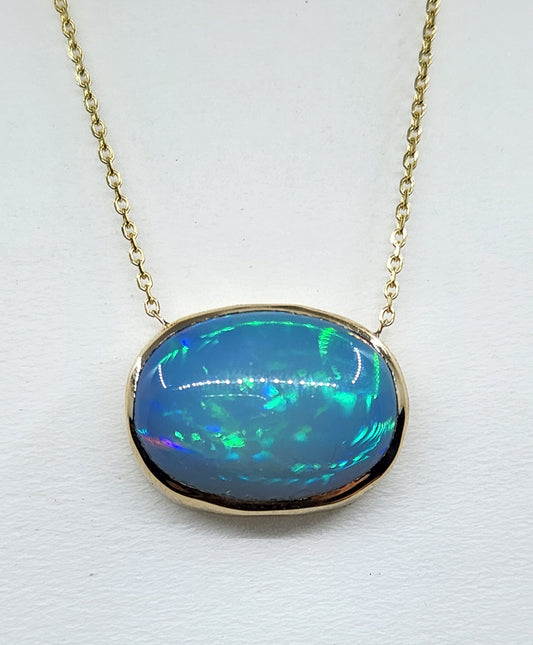 Blue Opal Pendant 14k Yellow Gold Split Chain Necklace #469