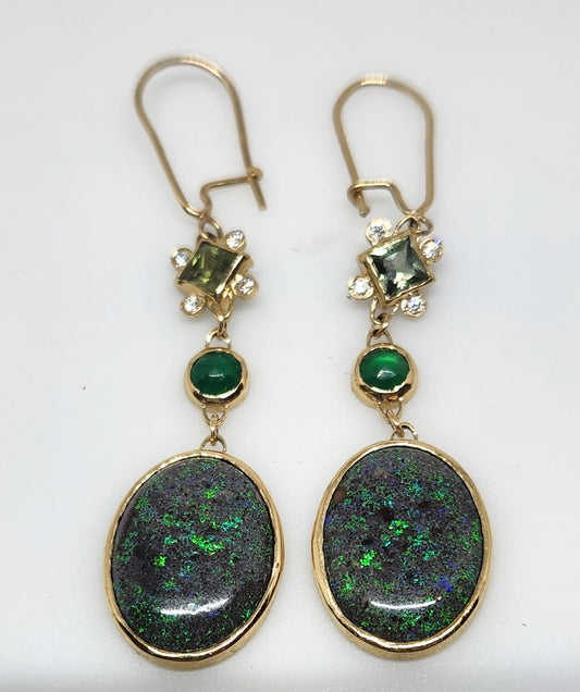 Black Opal & Emerald Earrings 14k Gold #447