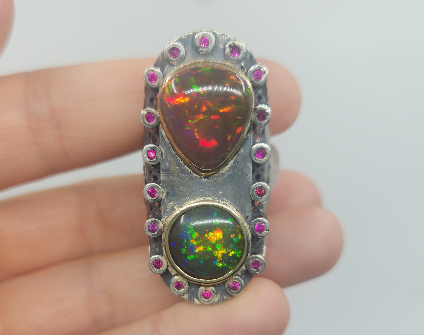 Black Opal & Ruby Rustic Sterling Silver & Gold Ring #523