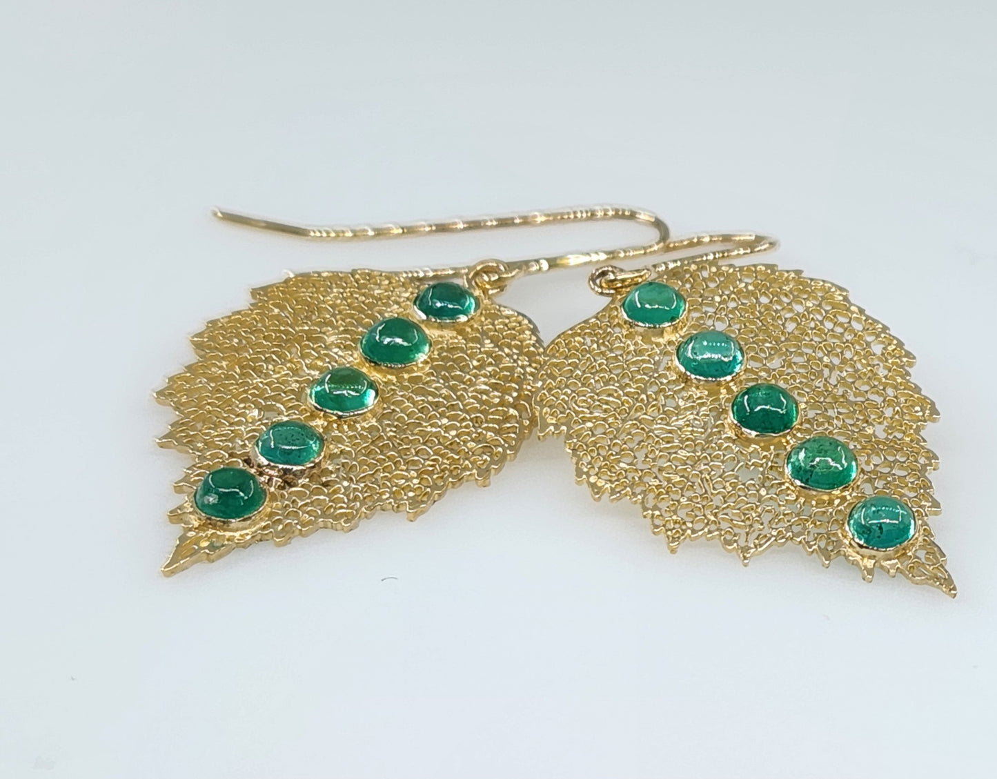 Emerald Leaf Earrings 14k Gold Gemstone Jewelry #463
