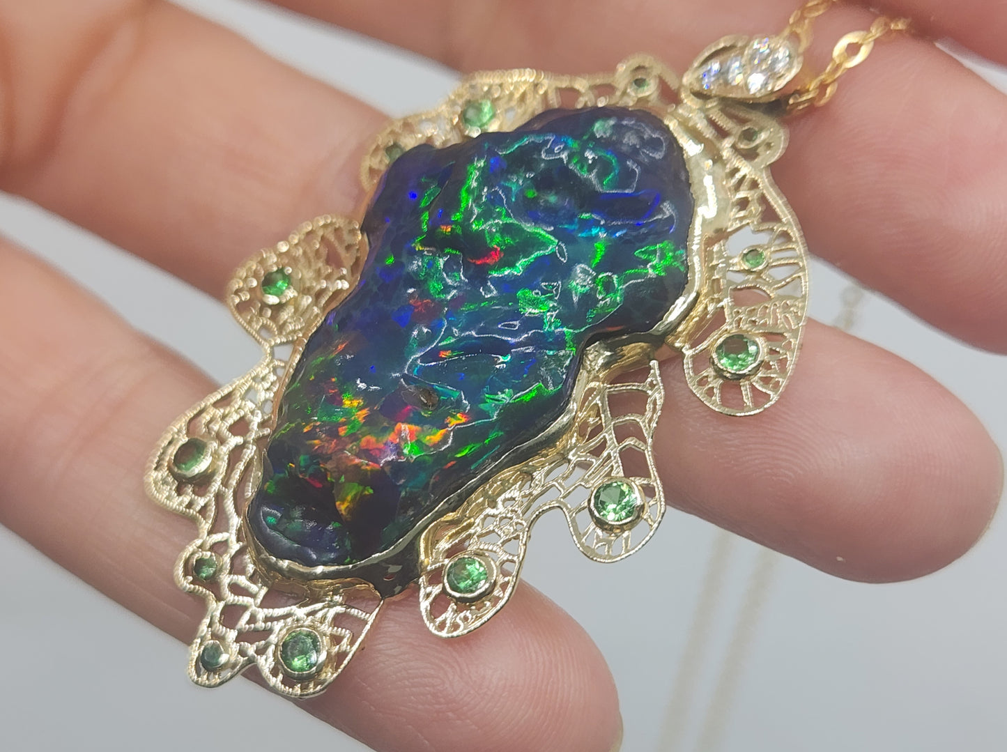 Carved Black Opal Oak Leaf Pendant 14k Gold Necklace #524