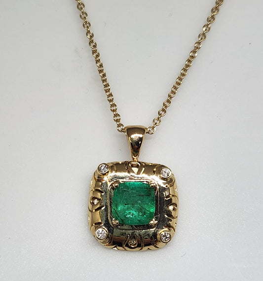 Emerald & Diamond Pendant - 14k Gold #448
