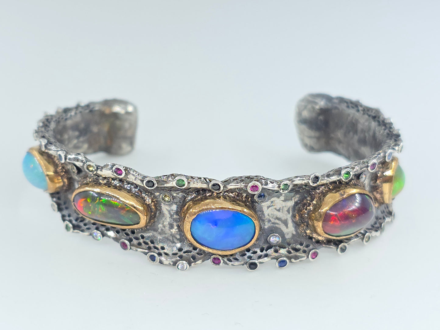 Rustic Silver & Gold Opal Gemstone Cuff Bracelet #601