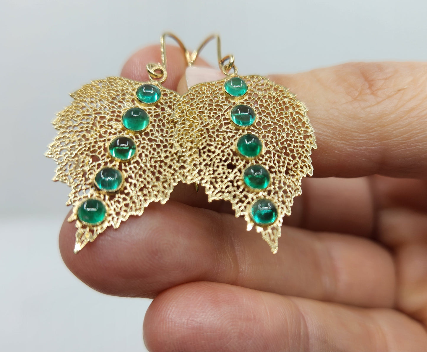 Emerald Leaf Earrings 14k Gold Gemstone Jewelry #463