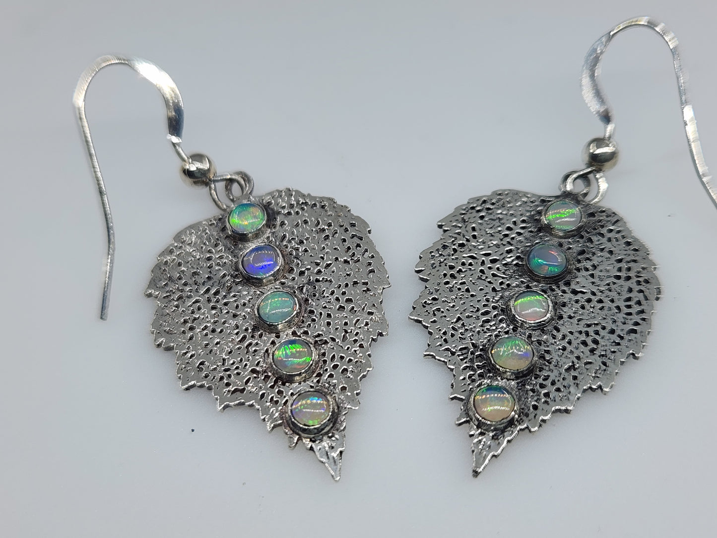 Natural Opal Leaf Earrings Sterling Silver Gemstone Jewelry #498