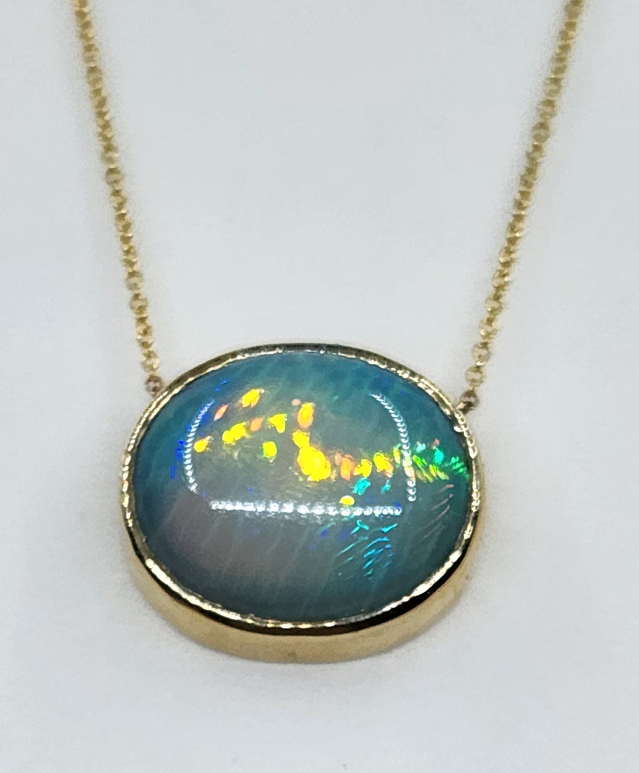 Blue Opal Pendant 14k Yellow Gold Split Chain Necklace #470