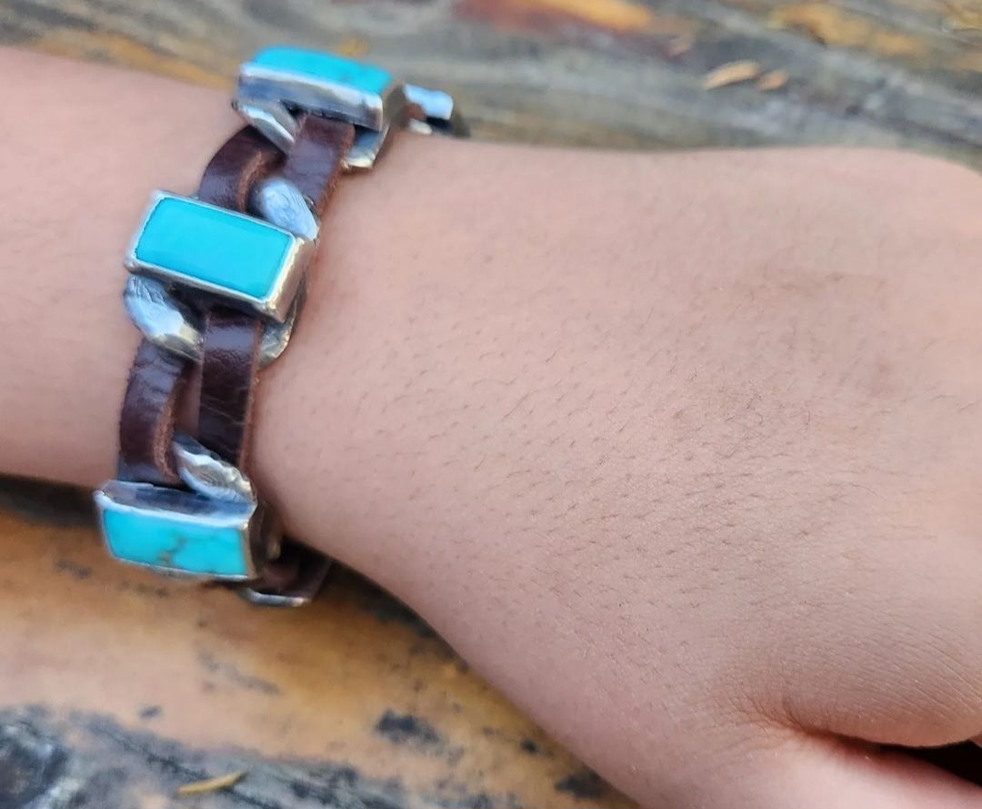 Rustic Silver & Leather Turquoise Gemstone Link Bracelet #459