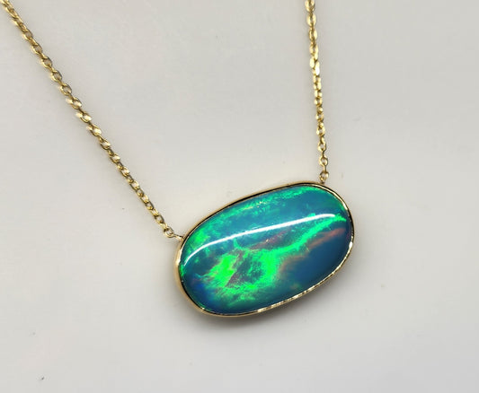 Blue Opal Pendant 14k Yellow Gold Split Chain Necklace #453