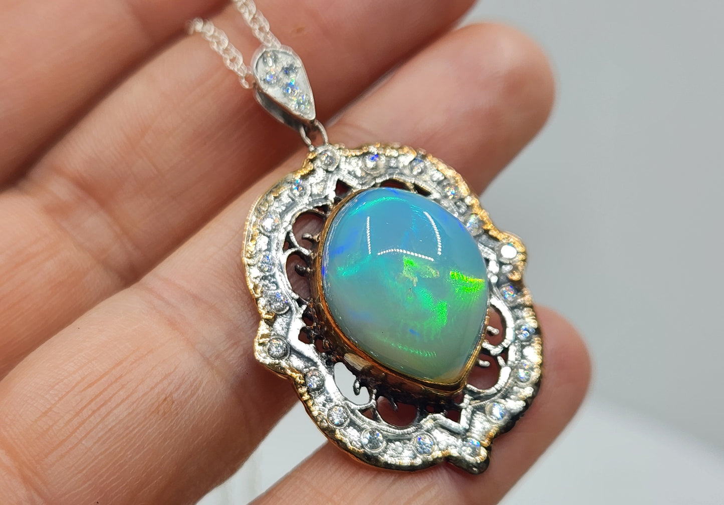 Rustic Sterling Silver & 14k Gold Opal Pendant #486
