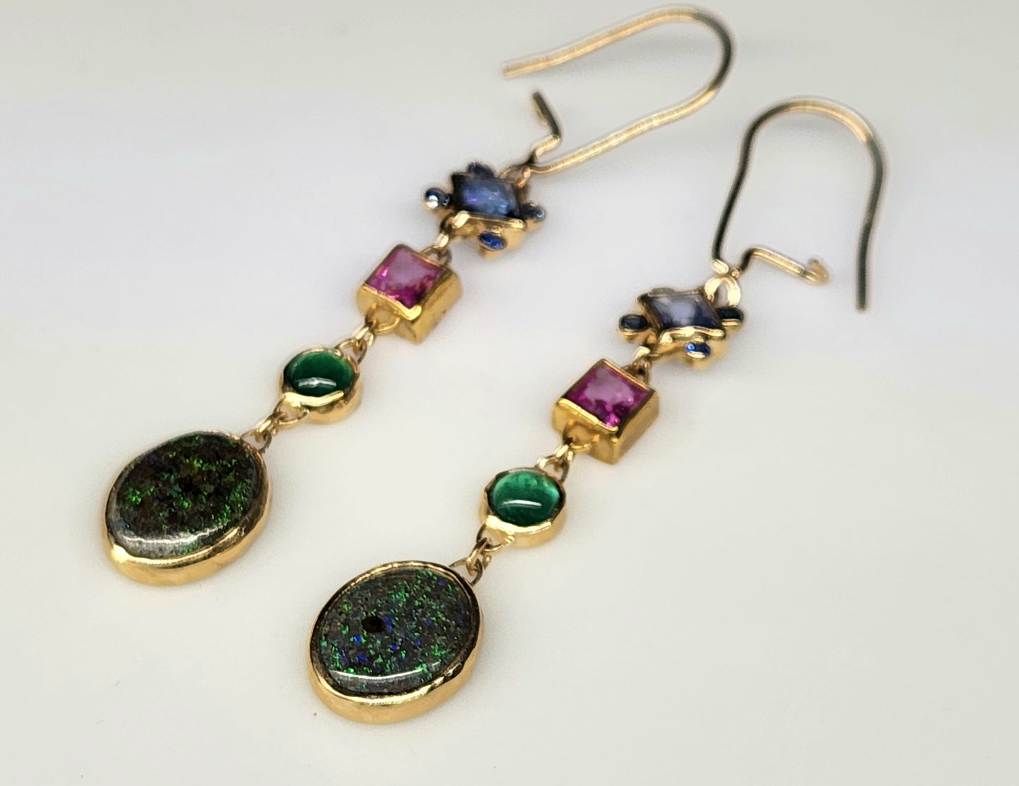 Black Opal & Sapphire Earrings 14k Gold #451