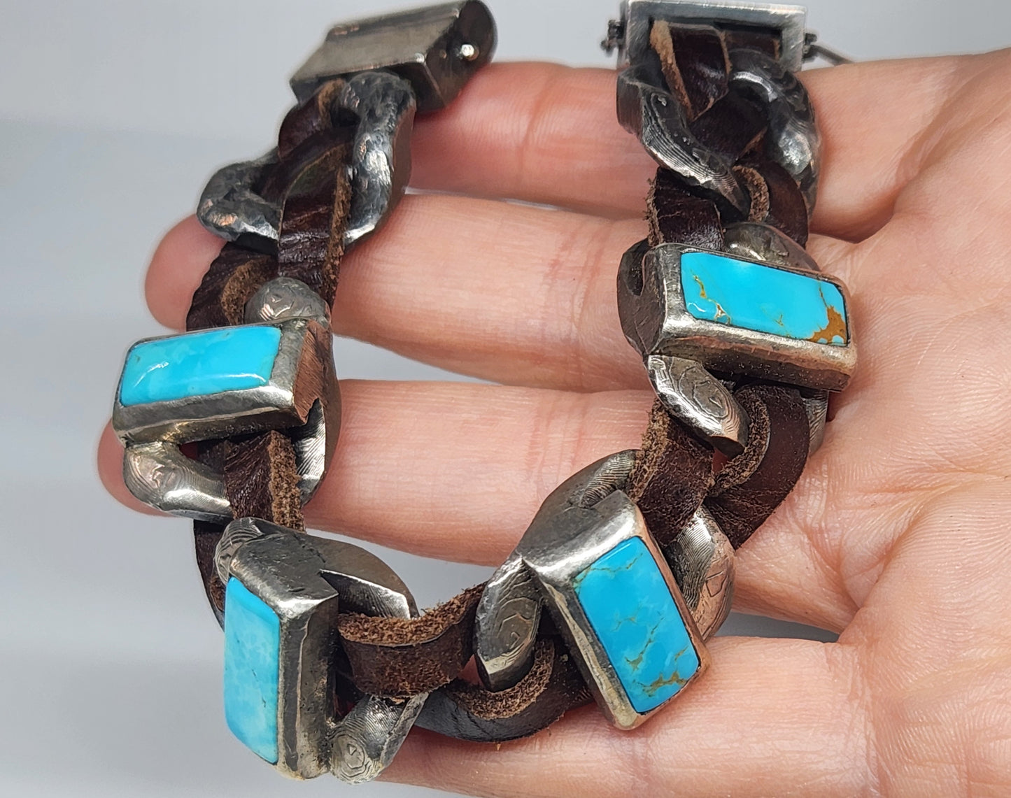 Rustic Silver & Leather Turquoise Gemstone Link Bracelet #459