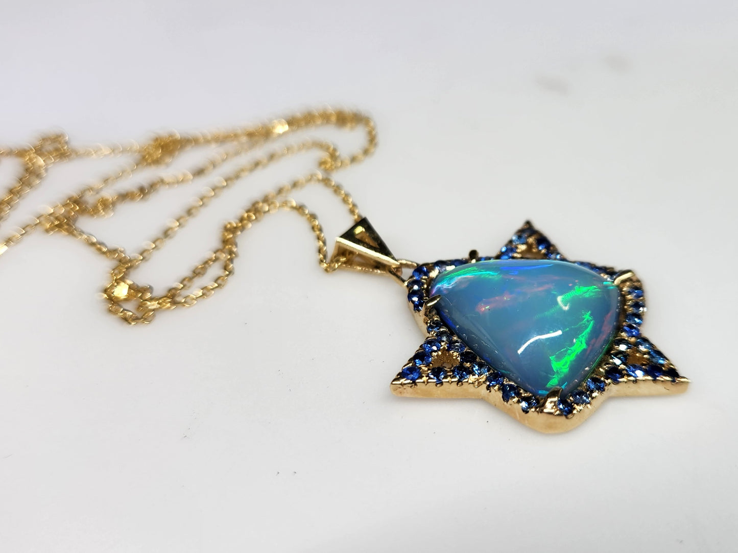 Opal & Sapphire Star of David Pendant 14k Gold #450
