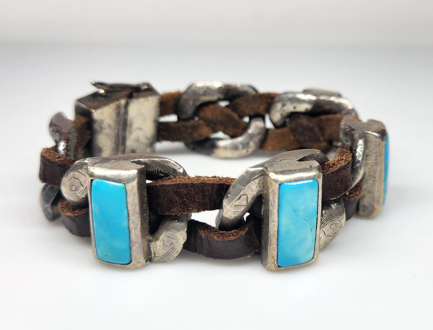 Rustic Silver & Leather Turquoise Gemstone Link Bracelet #459